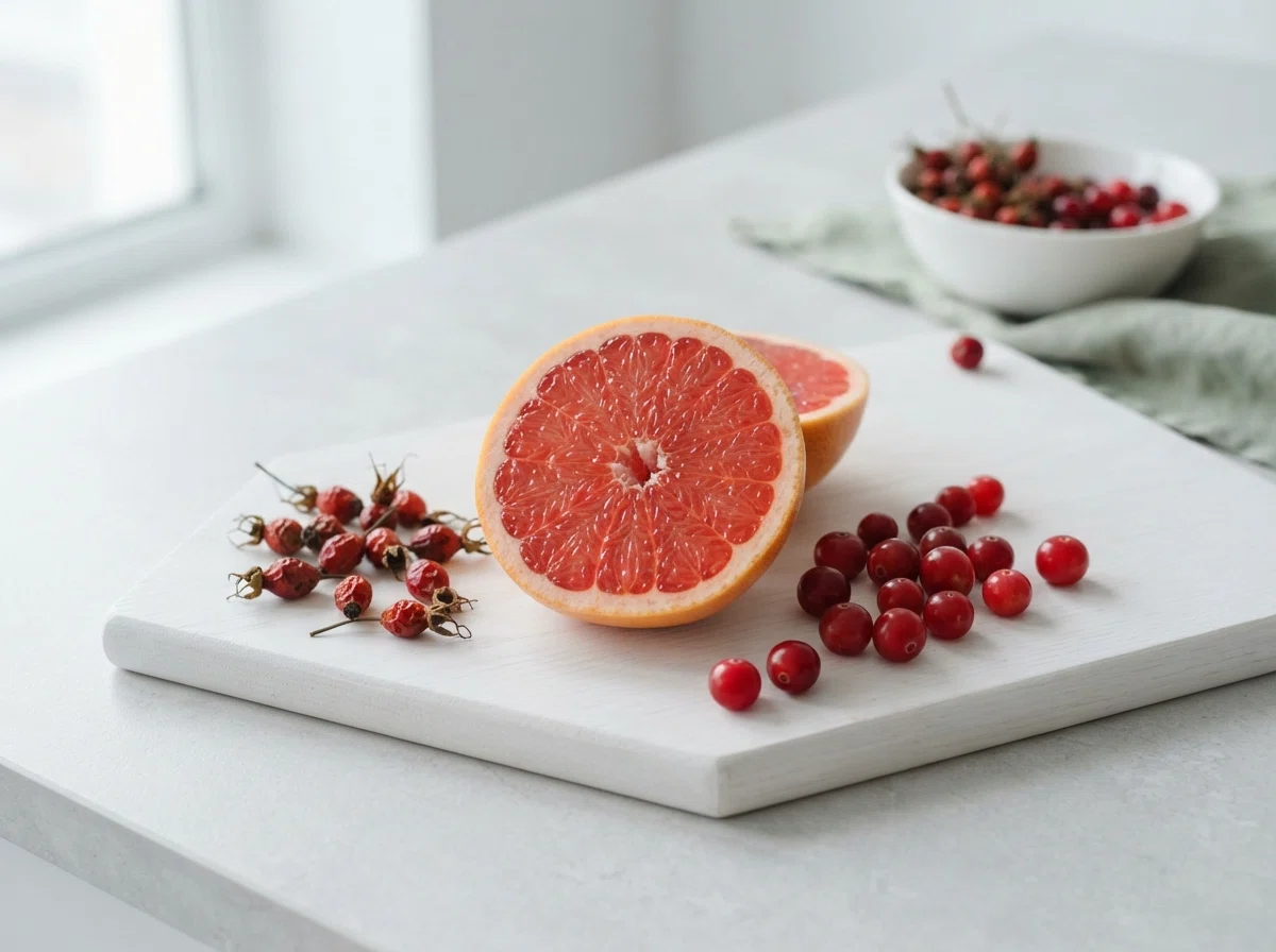 Citrus frugt og røde bær for vitamin C